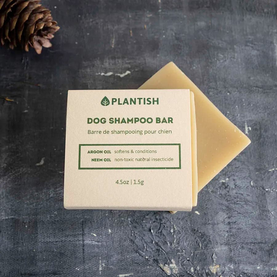 Plantish dog shampoo bar with packaging on a dark textured surface