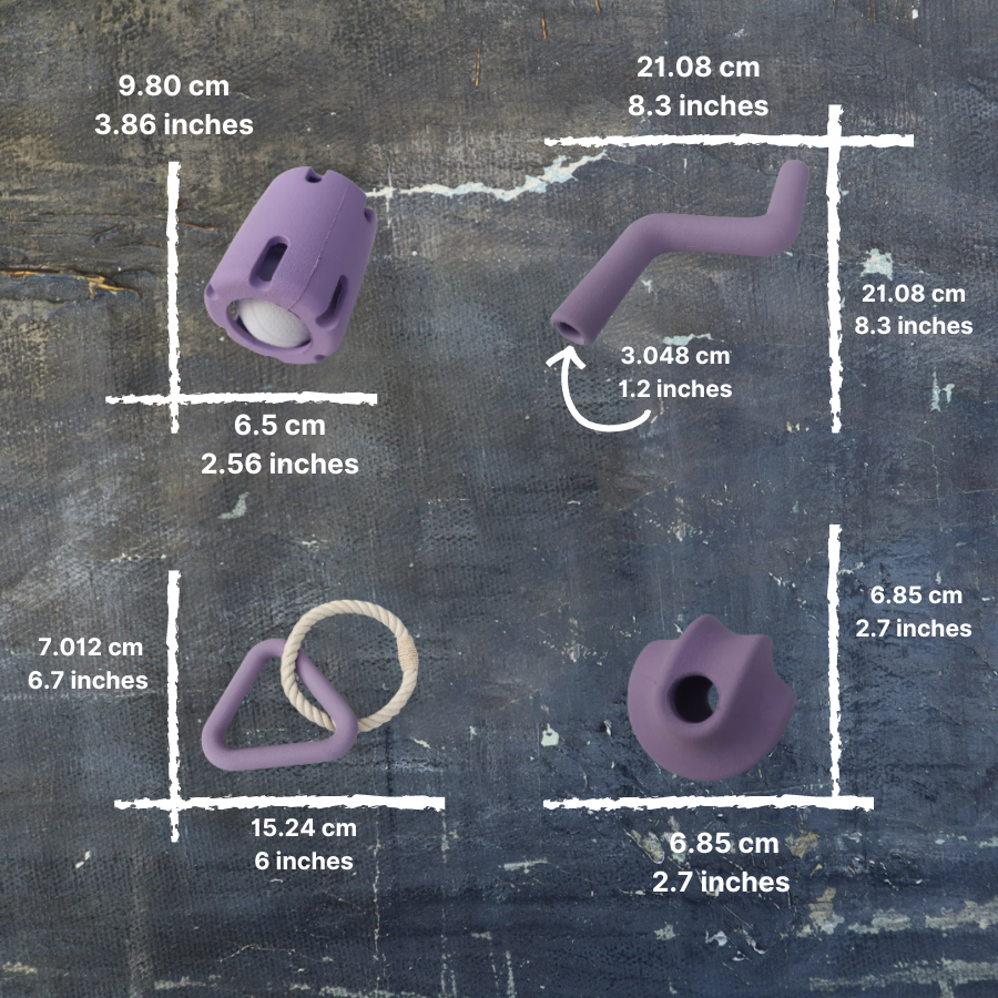 Purple toys with measurements on a textured surface