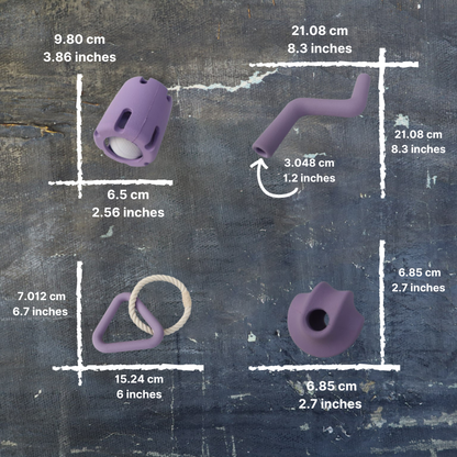 Purple toys with measurements on a textured surface