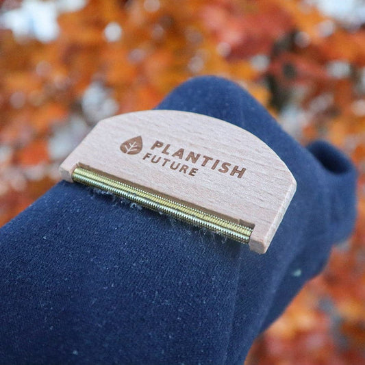 Wooden comb with 'Plantish Future' branding held against a blurred autumn background.