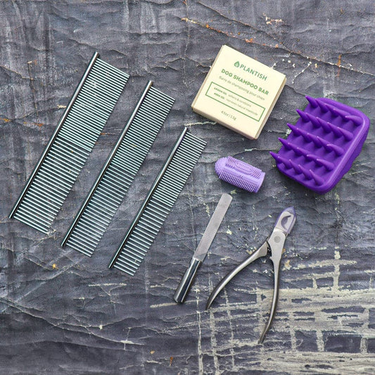 Pet grooming tools including combs, a brush, and nail clippers on a textured surface.