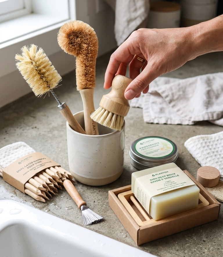 Hand holding a wooden scrubber over a container of cleaning brushes on a kitchen counter.